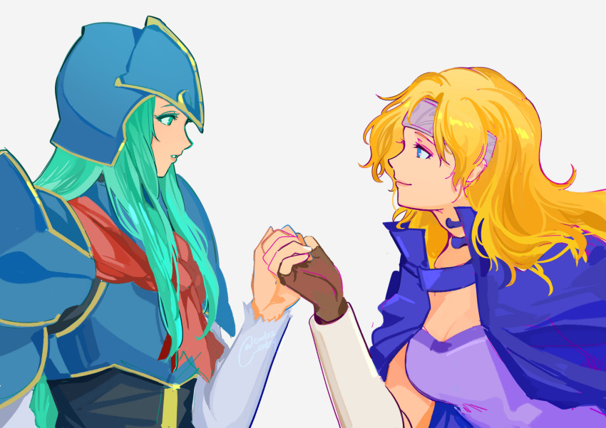 2girls armor blonde_hair blue_armor blue_cape blue_eyes cape fire_emblem fire_emblem:_radiant_dawn green_eyes green_hair headband heather_(fire_emblem) helmet highres holding holding_hands lamb_(contra_entry) looking_at_another multiple_girls nephenee_(fire_emblem) nintendo smile yuri
