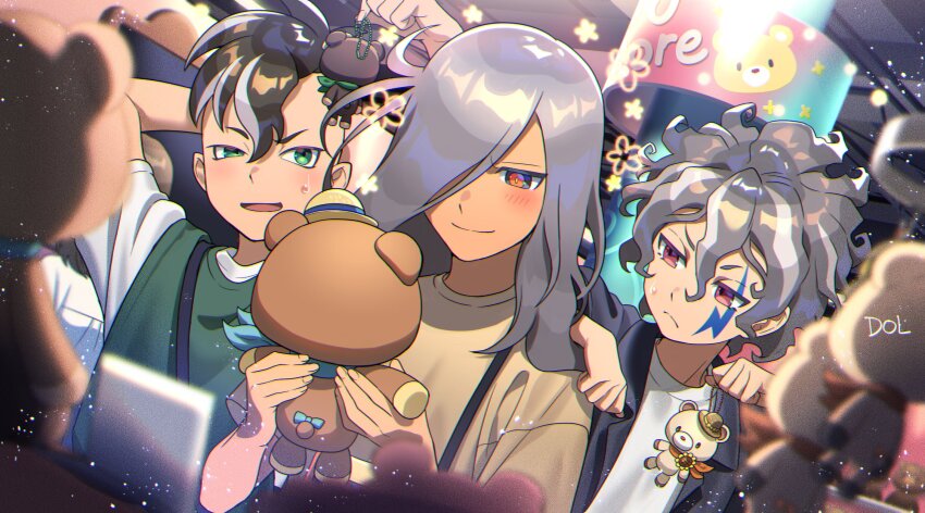 3boys animal_charm bear_charm blue_jacket brown_hair brown_shirt charm_(object) closed_mouth dolustoy facial_mark fudou_akio green_eyes green_shirt grey_hair haizaki_ryouhei highres holding holding_toy inazuma_eleven_(series) inazuma_eleven_ares_no_tenbin jacket kira_hiroto light_blush long_hair looking_at_object male_focus mohawk multicolored_eyes multicolored_hair multiple_boys open_mouth pink_eyes red_eyes shirt shop stuffed_animal stuffed_toy sweatdrop teddy_bear toy two-tone_hair upper_body white_hair white_shirt
