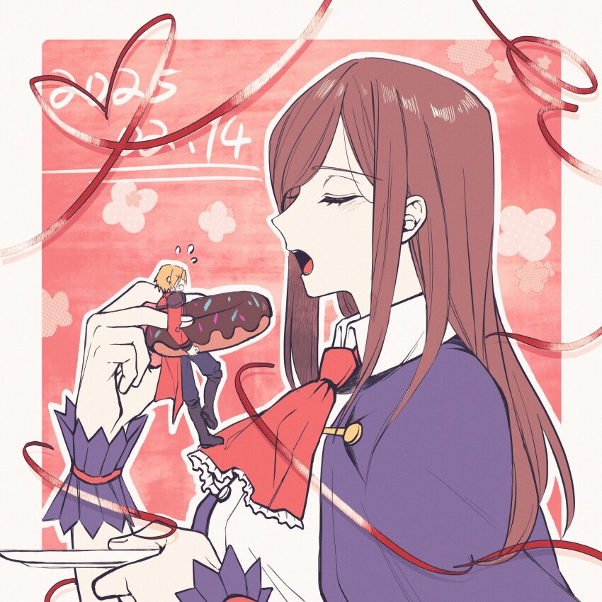 1boy 1girl ascot basecedar blonde_hair brown_hair castlevania:_portrait_of_ruin castlevania_(series) charlotte_aulin closed_eyes coat dated donut flying_sweatdrops food from_side highres holding holding_donut holding_food holding_plate jonathan_morris long_hair pink_background plate red_ascot red_coat shirt white_shirt