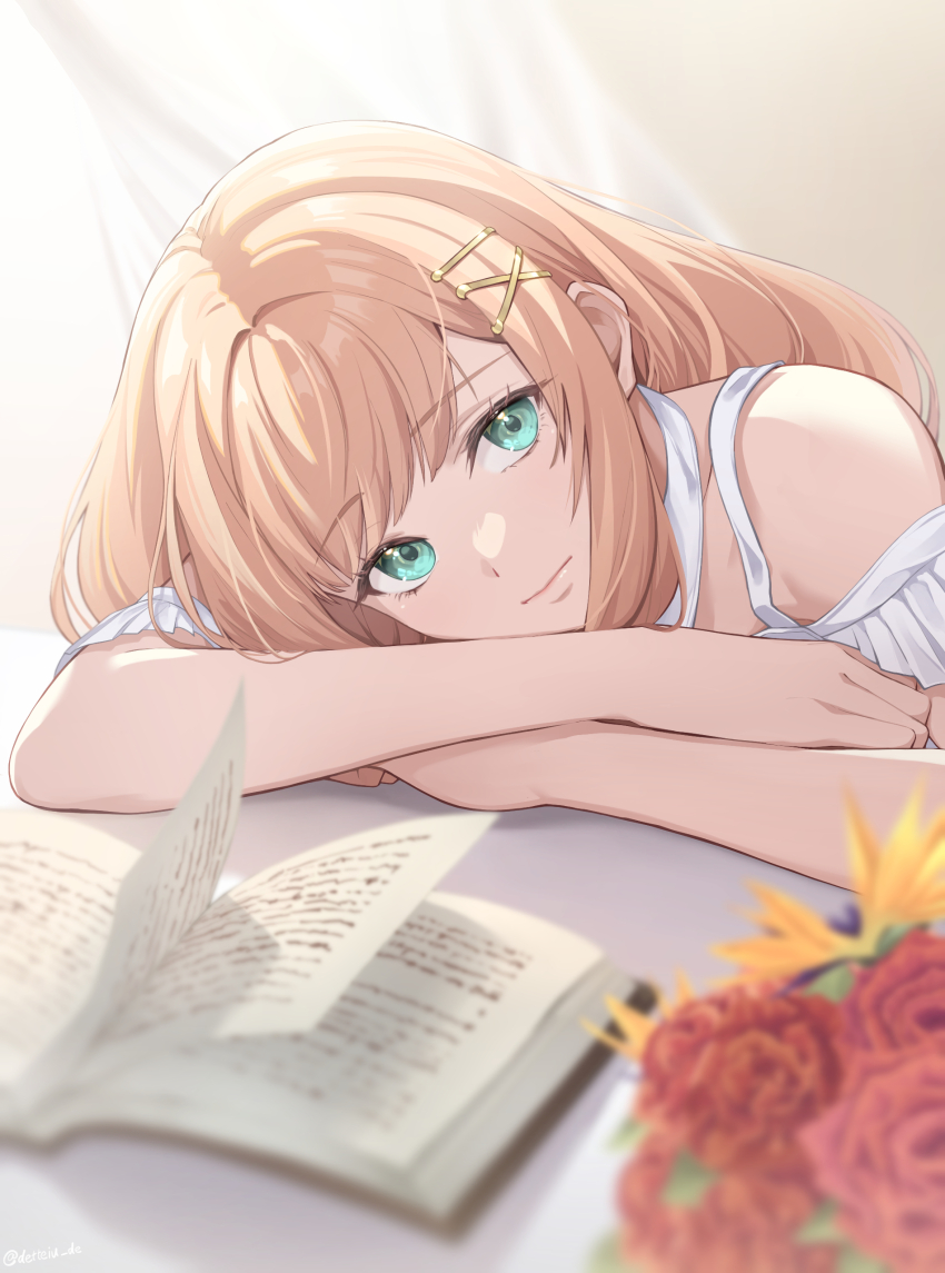 1girl absurdres bird_of_paradise_flower book bouquet commentary_request crossed_arms curtains dress elbows_on_table flower gogo_(detteiu_de) green_eyes hair_ornament hairclip head_on_arm head_on_table highres indoors kingdom_hearts kingdom_hearts_x leaning_forward long_hair open_book orange_hair raised_eyebrows red_flower red_rose rose solo strelitzia_(kingdom_hearts) sunlight table white_dress wind yellow_flower
