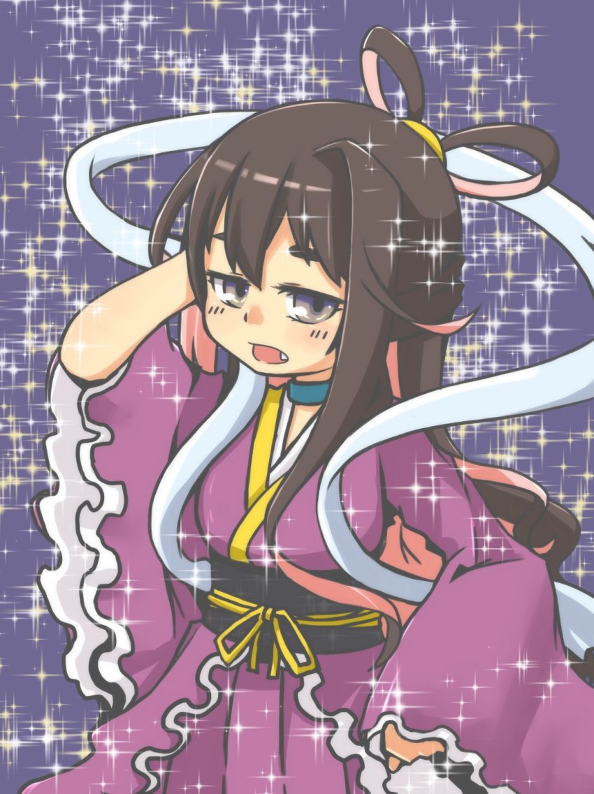 1girl alternate_costume alternate_hairstyle blue_background blue_eyes brown_hair choker cosplay fang female_focus frilled_kimono frills gradient_eyes hagoromo hair_rings hand_on_own_hip highres japanese_clothes kantai_collection kimono long_hair looking_at_viewer macbail multicolored_eyes multicolored_hair naganami_(kancolle) obi orihime_(cosplay) orihime_(tanabata) pink_hair sash shawl solo sparkle sparkle_background two-tone_hair
