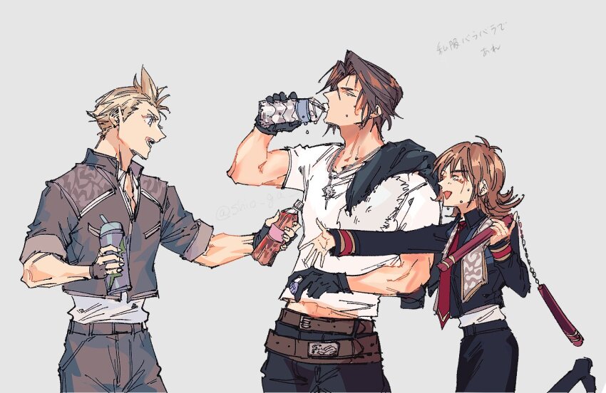1girl 2boys belt black_gloves black_pants blonde_hair bottle brown_hair chain chain_necklace closed_eyes cropped_jacket drinking final_fantasy final_fantasy_viii gloves grey_background grey_jacket grey_pants hair_between_eyes hair_slicked_back holding holding_bottle holding_nunchaku holding_weapon jacket jacket_over_shoulder jewelry midriff_peek multiple_belts multiple_boys necklace necktie nunchaku open_mouth outstretched_hand over_shoulder pants red_necktie scar scar_on_face scar_on_forehead seed_uniform_(ff8) selphie_tilmitt shio_ga shirt short_sleeves sleeves_rolled_up smile squall_leonhart sweat unworn_jacket upper_body water_bottle weapon weapon_over_shoulder white_shirt zell_dincht