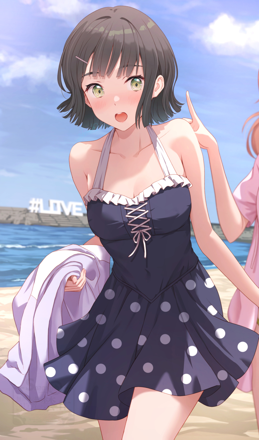 2girls bare_shoulders black_hair blue_one-piece_swimsuit blush breasts cleavage collarbone commentary_request cowboy_shot cross-laced_clothes cross-laced_one-piece_swimsuit dress_swimsuit flipped_hair frilled_one-piece_swimsuit frills green_eyes hair_ornament hairclip highres hinoshita_kaho hinoshita_kaho_(swimsuit) holding holding_jacket holding_unworn_clothes jacket link!_like!_love_live! love_live! medium_breasts momose_ginko momose_ginko_(swimsuit) multiple_girls nose_blush official_alternate_costume one-piece_swimsuit open_mouth polka_dot_one-piece_swimsuit purple_jacket real_world_location shamakho short_hair simple_background solo_focus standing swimsuit teeth unworn_jacket upper_teeth_only virtual_youtuber