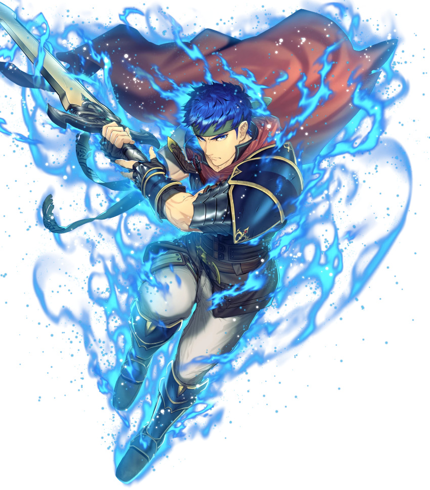 1boy attack aura blue_eyes blue_hair brown_gloves cape fingerless_gloves fire_emblem fire_emblem:_radiant_dawn fire_emblem_engage gloves greatsword headband highres holding holding_behind_back holding_sword holding_sword_behind_back holding_weapon holding_weapon_behind_back ike_(emblem)_(fire_emblem) ike_(fire_emblem) male_focus muscular muscular_male nintendo non-web_source red_cape red_headband single_shoulder_pad solo swinging sword v-shaped_eyebrows weapon