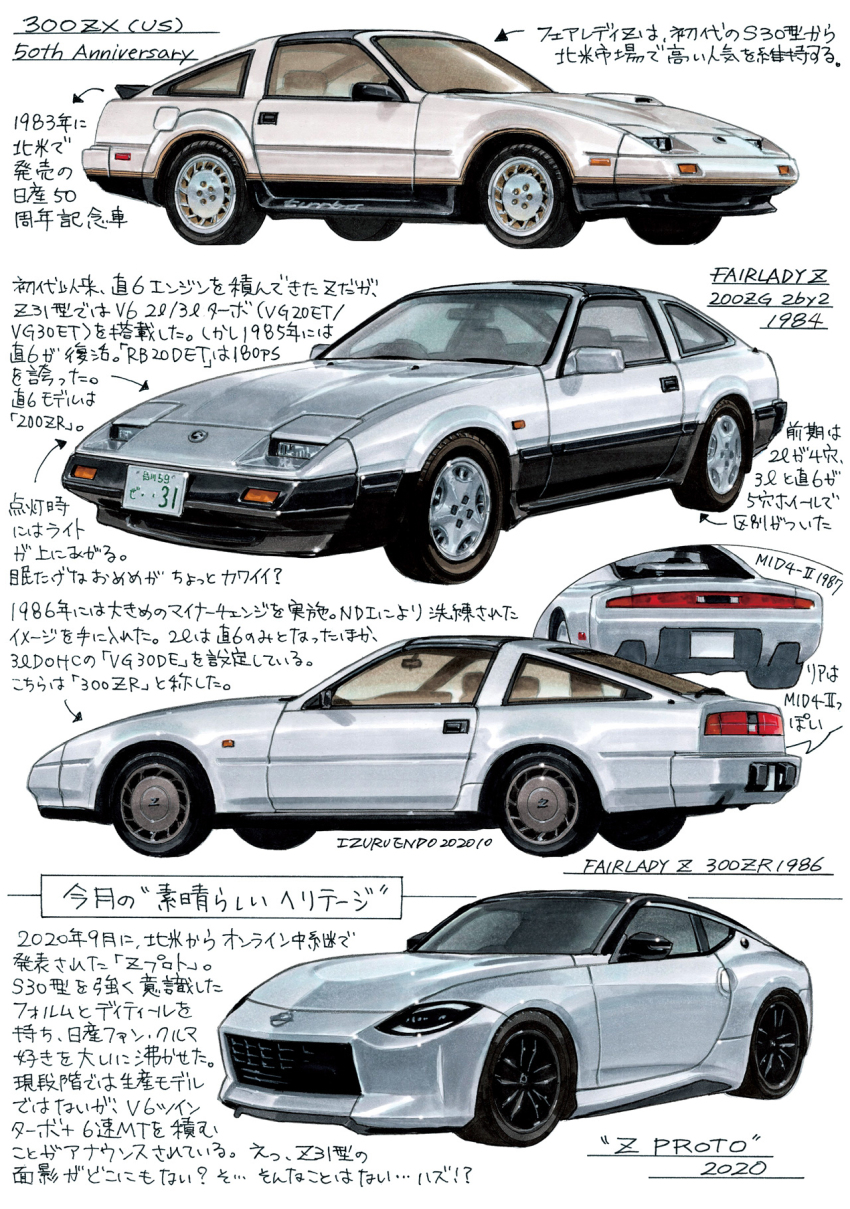 1983 1984_(year) 1986 2020 arrow_(symbol) car endo_izuru english_text highres motor_vehicle multiple_views nissan nissan_300zx nissan_300zx_(z31) nissan_fairlady_z nissan_z_(rz34) no_humans original sports_car translation_request vehicle_focus white_background