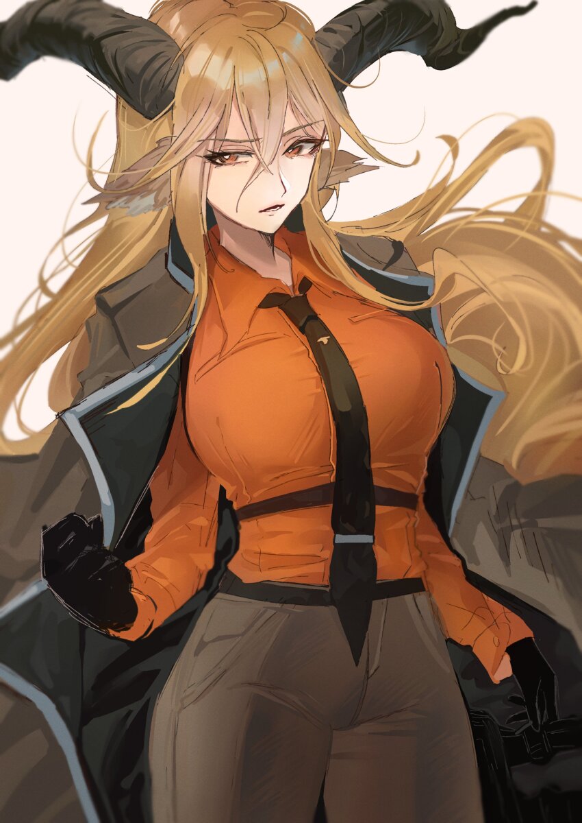 1girl absurdres animal_ears arknights black_gloves blonde_hair breasts bright_pupils brown_coat brown_pants coat collared_shirt cowboy_shot degenbrecher_(arknights) gloves goat_ears goat_girl goat_horns hair_between_eyes highres horns kaguura_(kagu) large_breasts long_hair looking_at_viewer open_clothes open_coat orange_eyes orange_shirt pants parted_lips shirt simple_background solo very_long_hair white_background white_pupils
