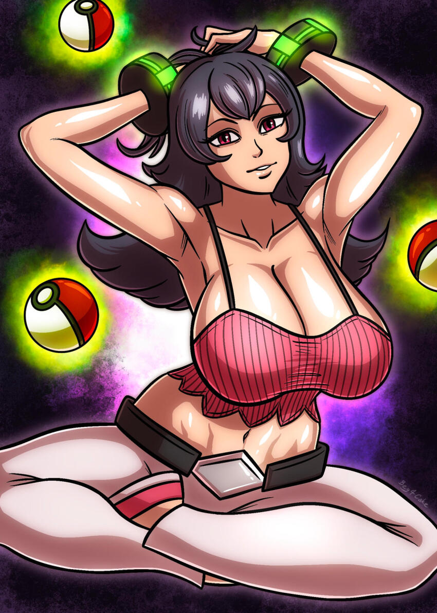 1girl alternate_breast_size beg4cake bracelet breasts cleavage creatures_(company) crop_top curvy female_focus game_freak jewelry large_breasts looking_at_viewer nintendo pink_crop_top poke_ball pokemon pokemon_hgss sabrina_(pokemon) smile thick_thighs thighs