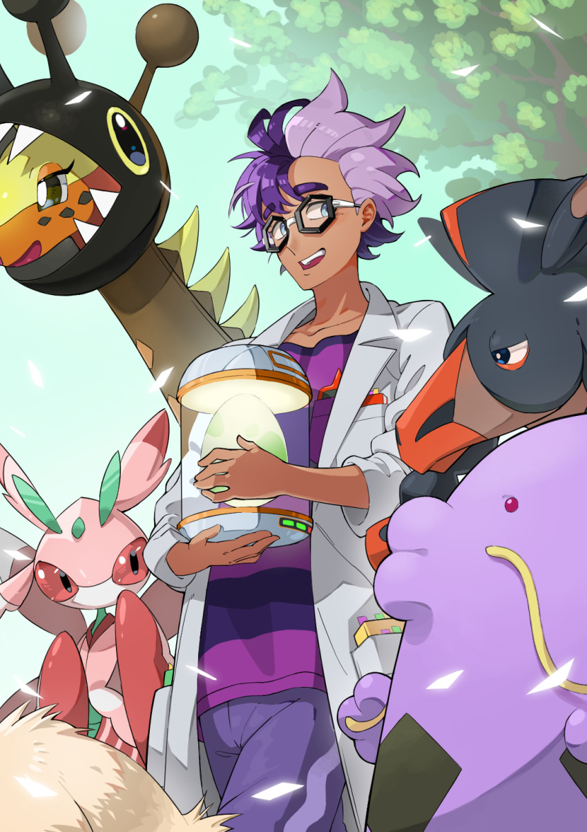 1boy :d arcanine black-framed_eyewear coat commentary_request dark-skinned_male dark_skin day egg farigiraf gen_1_pokemon gen_3_pokemon gen_7_pokemon glasses highres holding jacq_(pokemon) looking_to_the_side lurantis male_focus mon!_(monmonlezard) mudsdale nintendo open_clothes open_coat open_mouth outdoors pants pokemon pokemon_(creature) pokemon_egg pokemon_sv purple_hair purple_pants purple_shirt shirt short_hair smile striped_clothes striped_shirt swalot teeth upper_teeth_only