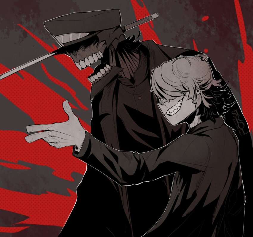 2boys black_hat black_suit chainsaw_man coat delinquent finger_gun formal_clothes hair_over_eyes hat highres jacket katana katana_man_(chainsaw_man) male_focus military_hat multicolored_background multiple_boys nail_(hardware) nail_fiend_(chainsaw_man) sharp_teeth sikolbluecat suit sword teeth transformation trench_coat weapon