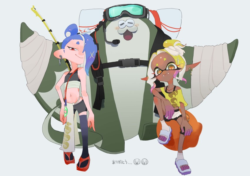 1boy 2girls absurdres big_man_(splatoon) blonde_hair blue_hair collarbone dark-skinned_female dark_skin ear_piercing facing_viewer fangs fishing_rod flip-flops frye_(splatoon) frye_(splatoon_raiders) full_body goggles goggles_on_head hair_over_one_eye highres inkling japanese_text looking_at_viewer microphone multiple_girls navel octoling piercing pointy_ears red_eyes sandals shiver_(splatoon) shiver_(splatoon_raiders) shorts sitting smile standing tank_top tentacle_hair thighhighs