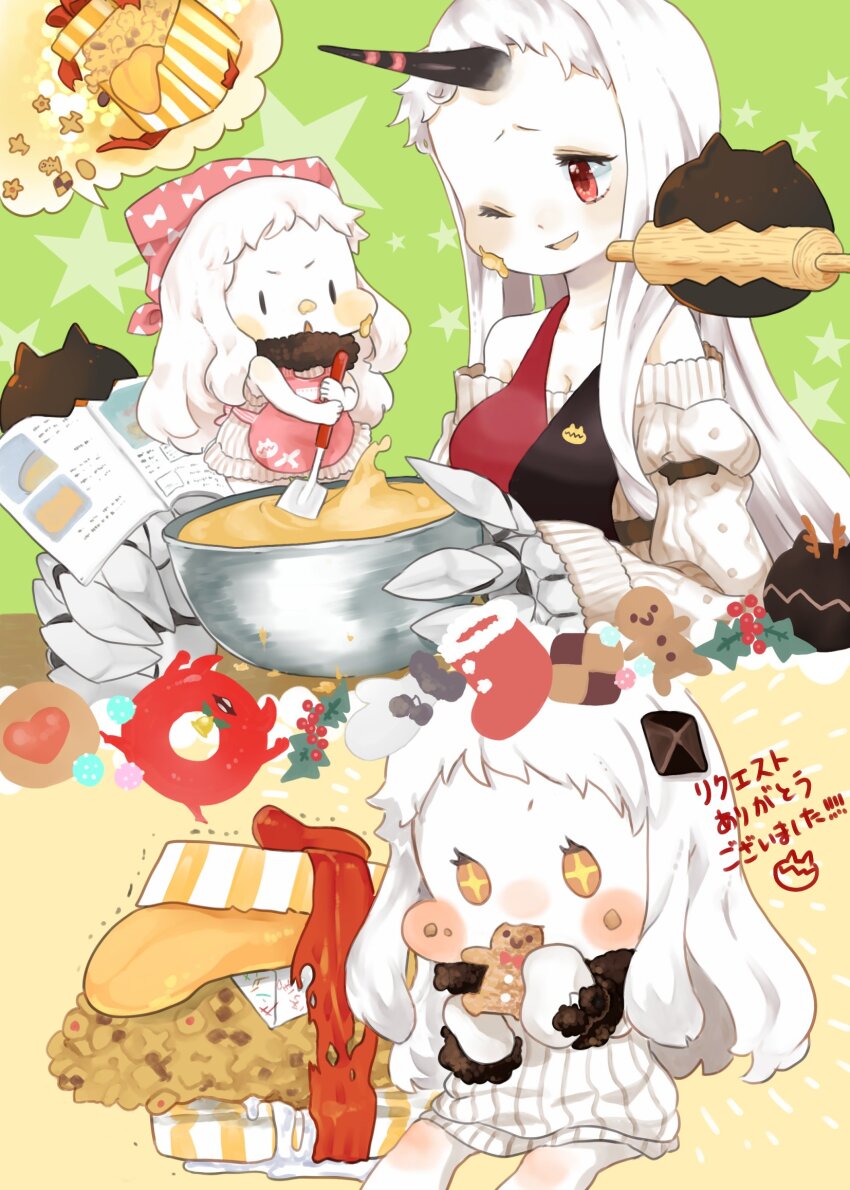 2girls abyssal_ship apron christmas christmas_present cookie cooking eating enemy_lifebuoy_(kancolle) food gift gingerbread_cookie highres holding holding_spatula horns kantai_collection kobone long_hair mittens mixing_bowl multiple_girls northern_ocean_princess red_eyes seaport_princess single_horn spatula star_(symbol) sweater white_hair