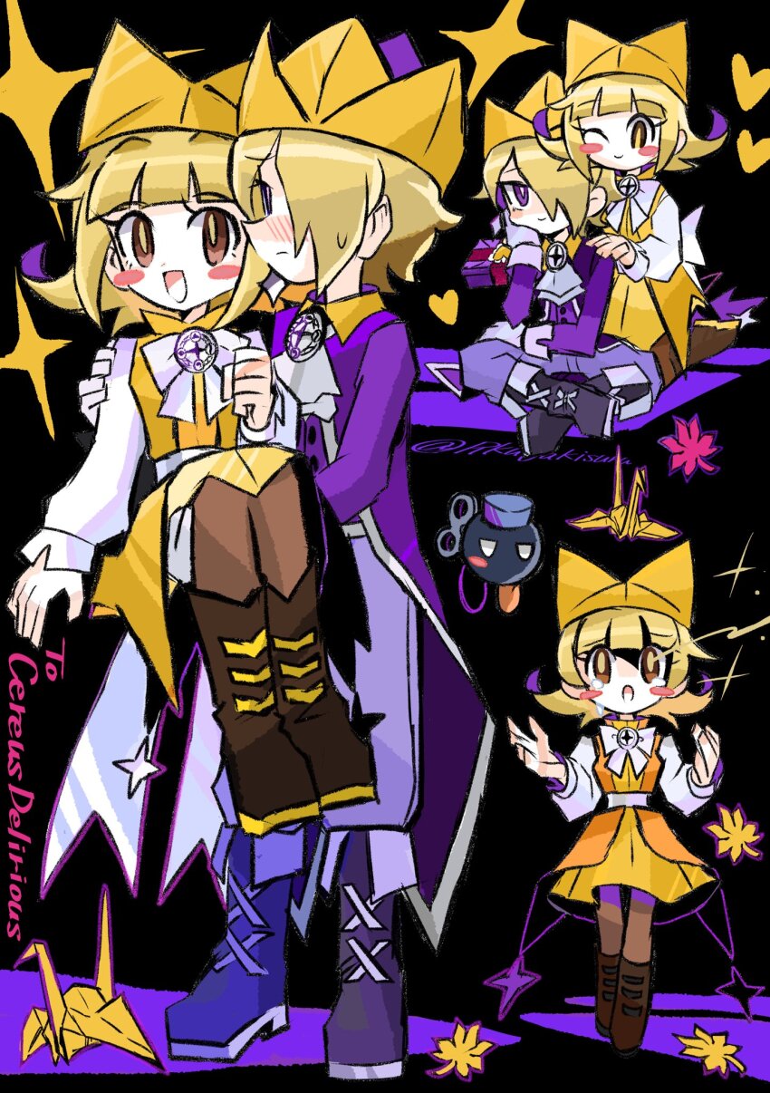 1boy 1girl ascot baggy_pants black_background black_boots blush blush_stickers bobby_(paper_mario) bomb boots bow bowtie brooch brother_and_sister brown_boots brown_eyes brown_pantyhose clenched_hand closed_mouth coat coattails collared_coat commentary commission crossed_legs crown crying crying_with_eyes_open dot_nose dress embarrassed english_commentary explosive eyelashes frown full_body gift hair_over_one_eye hands_on_another&#039;s_shoulders happy hat heart highres jewelry king_olly kneeling lace-up_boots livestream long_sleeves looking_at_another mario_(series) medium_dress multiple_views nintendo olivia_(paper_mario) one_eye_closed open_clothes open_coat open_mouth open_vest orange_vest origami outstretched_arms pants pantyhose paper_crane paper_mario paper_mario:_the_origami_king personification pinafore_dress pleated_dress pointy_nose puffy_long_sleeves puffy_sleeves purple_coat purple_eyes purple_pants purple_vest rakugaki_shitagari-ya sad shirt siblings simple_background skeb_commission sleeve_cuffs sleeveless sleeveless_dress sleeves_past_wrists smile sparkle standing tareme tears turtleneck turtleneck_dress vest white_ascot white_bow white_bowtie white_shirt winding_key yellow_crown yellow_dress yellow_hat yellow_pupils