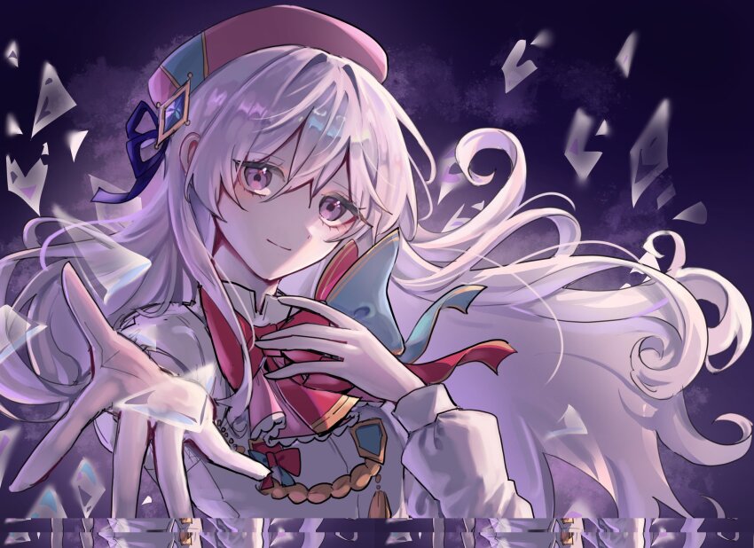 arcaea badge beret bow chain glass_shards gold_chain hair_ornament hat highres hikari_(arcaea) hikari_(fracture)_(arcaea) long_hair long_sleeves looking_at_viewer onionion0724 pink_eyes reaching reaching_towards_viewer red_bow ribbon white_hair