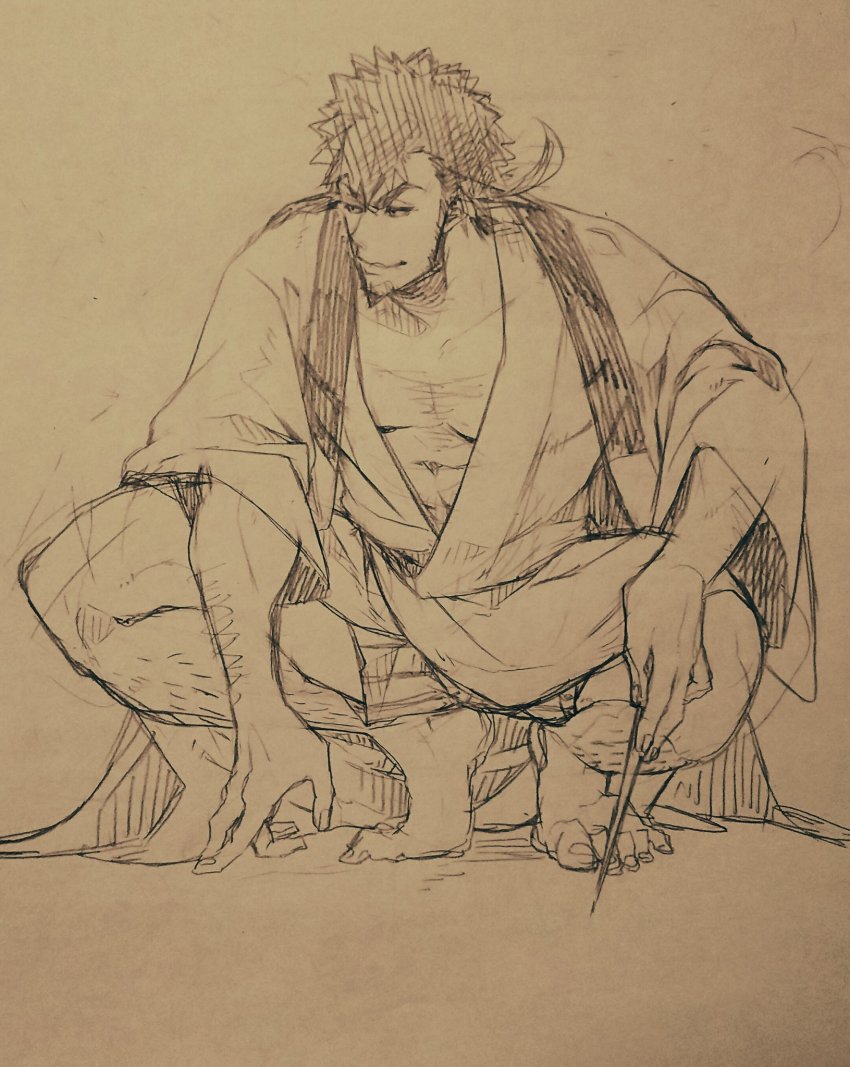 1boy abs arm_hair bara barefoot beard black_hair body_hair boxers chest_hair dimension_w facial_hair feet goatee hairy haori highres japanese_clothes kimono koryuu_(gackter10) leg_hair low_ponytail mabuchi_kyoma male_focus male_underwear manly mature_male muscular muscular_male pectoral_cleavage pectorals ponytail sideburns stomach stubble thick_eyebrows toned toned_male underwear yukata