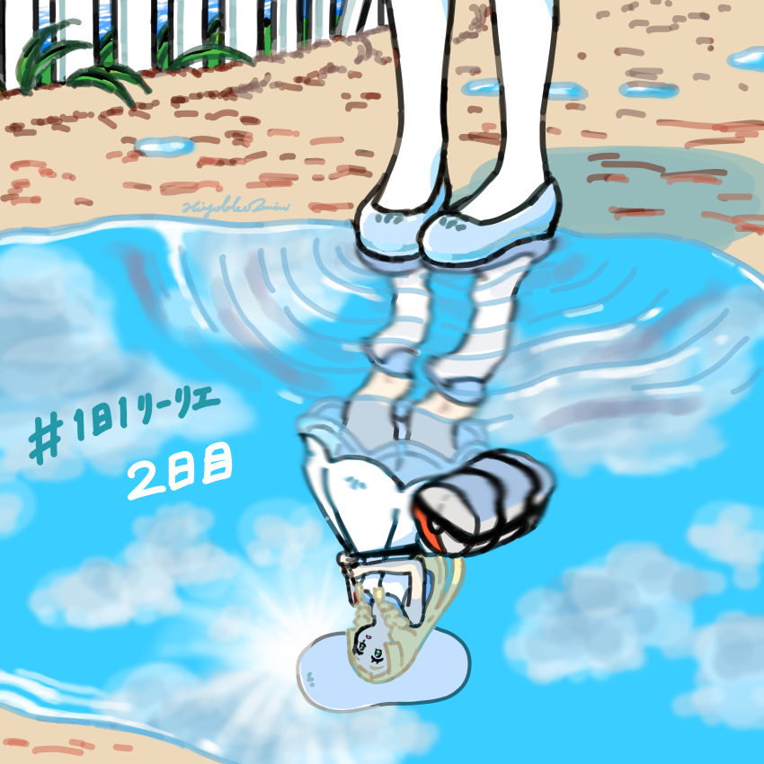 1girl absurdres bag blonde_hair blue_shoes cloud commentary_request day dress duffel_bag fence hat highres hiyokko2min holding_strap lillie_(pokemon) long_hair nintendo outdoors pigeon-toed poke_ball_print pokemon pokemon_sm puddle reflection ripples shoes signature sky socks standing sun_hat water white_dress white_hat white_socks