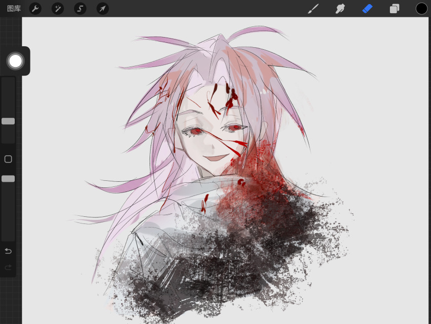 1boy art_program_in_frame blood blood_in_hair blood_on_clothes blood_on_face c8h11o2n chinese_commentary commentary_request curtained_hair grey_background hatsutori_hajime highres jacket long_hair looking_at_viewer male_focus open_mouth parted_bangs pink_hair procreate_(medium) procreate_(software) red_eyes saibou_shinkyoku simple_background sketch smile solo spoilers white_jacket