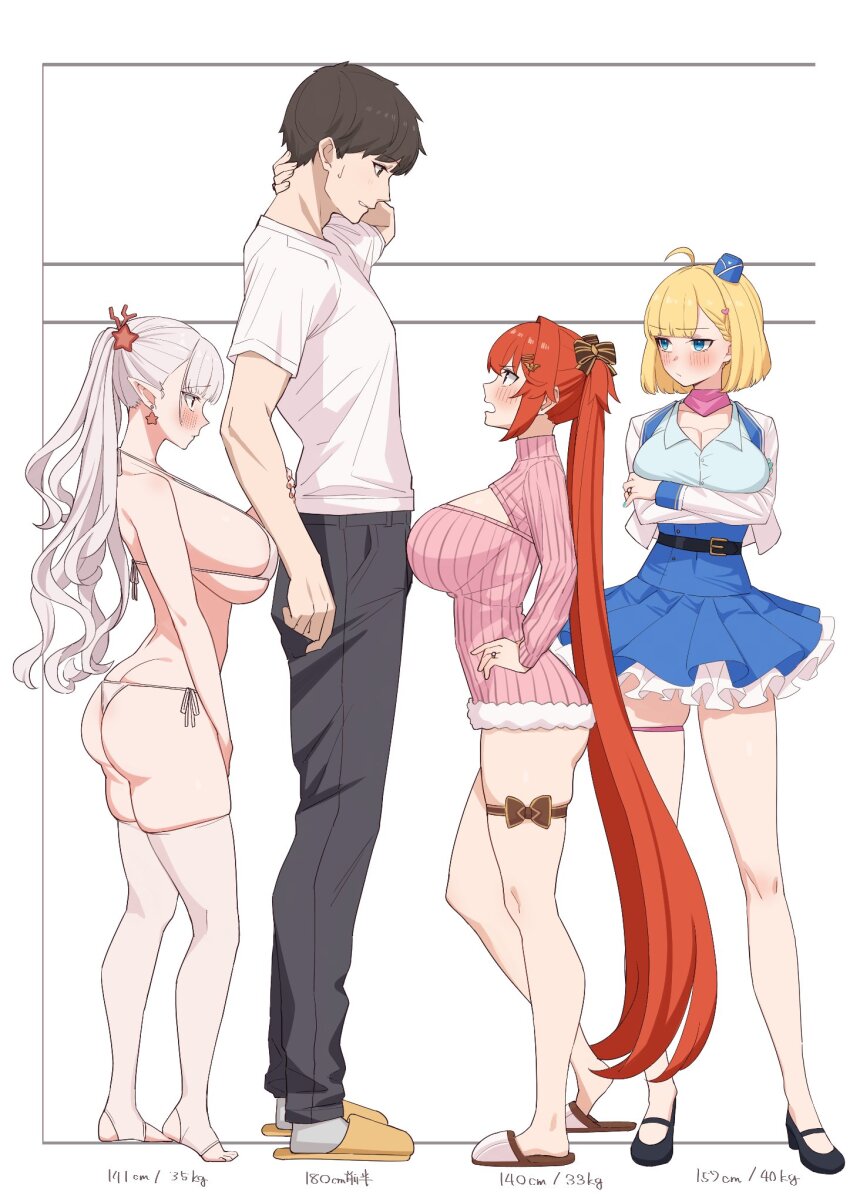 1boy 3girls ahoge arms_under_breasts ass belt bikini black_footwear black_pants blonde_hair blue_eyes blue_shirt blue_skirt blush bow breasts brown_hair butt_crack character_request closed_mouth commander_(last_origin) commentary_request cropped_jacket crossed_arms curvy draculina_(last_origin) earrings garrison_cap grey_hair griffon_(last_origin) hair_bow hair_ornament hairclip hand_on_own_neck hand_up hands_on_own_hips hands_up hat height_chart height_difference highres holding_another&#039;s_arm jacket jewelry large_breasts last_origin leg_ribbon long_hair looking_at_another looking_down looking_to_the_side looking_up may_of_doom meme_attire miman_(hasutaro_stream) multiple_girls official_alternate_costume open-chest_sweater open_mouth pants pink_sweater red_hair ribbed_sweater ribbon ring shirt shoes short_hair short_sleeves shortstack side-tie_bikini_bottom sidelocks simple_background skirt slippers socks standing star_(symbol) star_earrings stirrup_legwear sweater swimsuit thighhighs toeless_legwear twintails very_long_hair white_background white_bikini white_jacket white_shirt white_thighhighs yellow_slippers