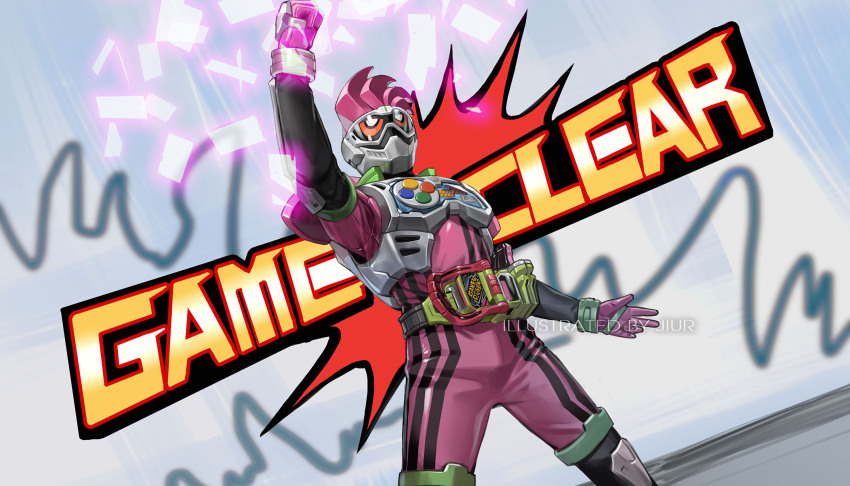 1boy arm_up chinese_commentary clenched_hands commentary_request controller rider_belt game_controller gamepad gamer_driver hand_up highres holster jiuri_jiuhao kamen_rider kamen_rider_ex-aid kamen_rider_ex-aid_(series) looking_at_viewer male_focus mighty_action_x_level_2 open_hand rider_belt rider_gashat signature simple_background solo tokusatsu white_background