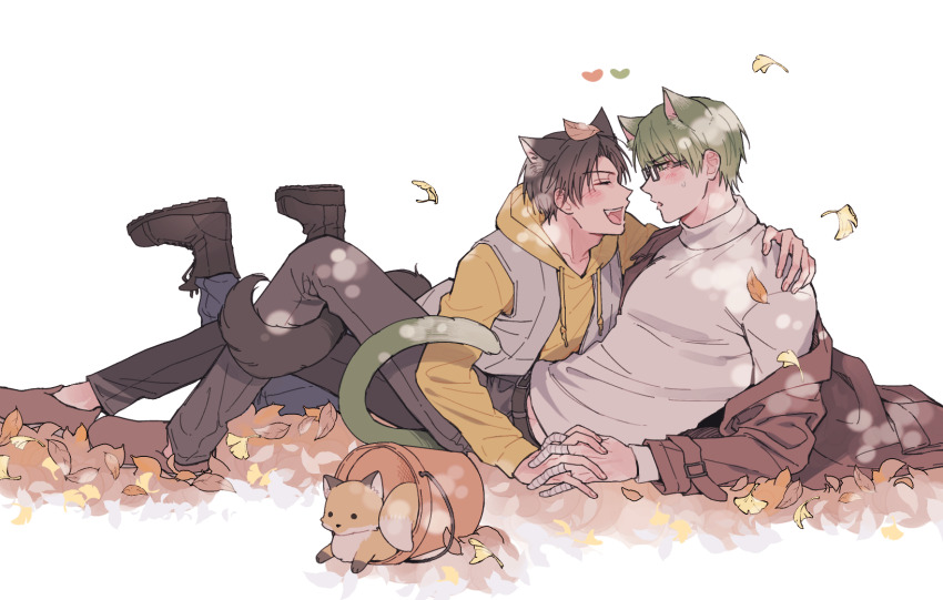 2boys animal_ear_fluff animal_ears arm_around_shoulder autumn autumn_leaves bandaged_fingers bandages belt_buckle black-framed_eyewear black_boots black_pants blush boots brown_coat brown_shoes bucket buckle closed_eyes coat coat_partially_removed drawstring falling_leaves fox ginkgo_leaf glasses highres holding_hands hood hood_down hoodie interlocked_fingers kemonomimi_mode kuroko_no_basuke layered_sleeves leaf leaf_on_head long_sleeves looking_at_another lying male_focus midorima_shintarou multiple_boys nervous_sweating on_back open_mouth pants shirt shoes sweat tail takao_kazunari teeth tongue turtleneck upper_teeth_only user_cpyz8833 white_background white_shirt wrist_belt yaoi yellow_hoodie