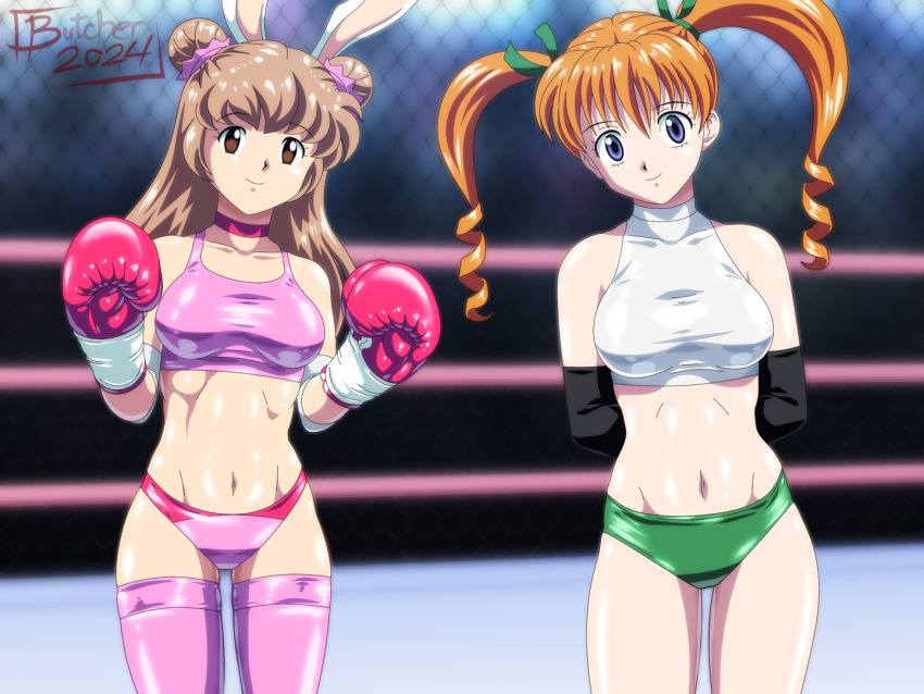 2girls arms_behind_back biscuit_krueger blue_eyes boxing_gloves boxing_ring breasts brown_eyes brown_hair buruma double_bun drill_hair hair_bun hunter_x_hunter large_breasts legs long_hair looking_at_viewer midriff multiple_girls navel orange_hair rabbit_ears smile sports_bra thighs toned twin_drills