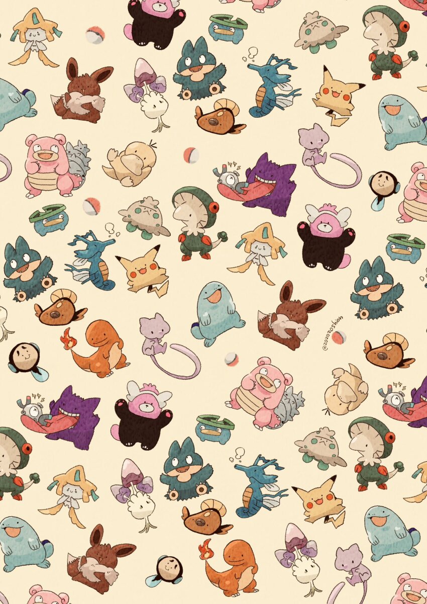 animal_focus artist_name bewear bird breloom brown_fur bubble colored_skin commentary_request duck eevee fish gen_1_pokemon gen_2_pokemon gen_3_pokemon gen_4_pokemon gen_5_pokemon gen_7_pokemon gengar highres jirachi kingdra legendary_pokemon lotad magnemite mew_(pokemon) morelull munchlax mushroom mythical_pokemon nintendo no_humans one-eyed open_mouth pikachu poke_ball pokemon pokemon_(creature) psyduck quagsire seahorse shroomish simple_background slowbro smile solid_circle_eyes stuffed_animal stuffed_toy stunfisk tail tanzaku teddy_bear tongue tongue_out twitter_username tympole white_background white_skin yellow_skin zozozoshion