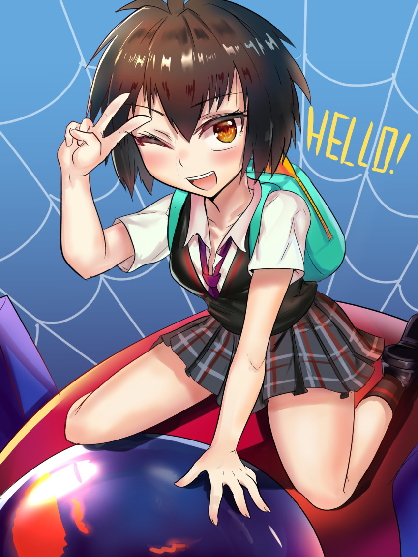 1girl backpack bag black_skirt black_sweater_vest blue_background blush commentary english_commentary english_text full_body greyscale hair_between_eyes highres iojknmiojknm kneeling marvel mecha monochrome necktie one_eye_closed open_mouth peni_parker pleated_skirt robot shirt short_hair short_sleeves silk simple_background skirt smile sp//dr spider-man:_into_the_spider-verse spider-man_(series) spider-verse spider_web sweater_vest teeth upper_teeth_only v white_shirt