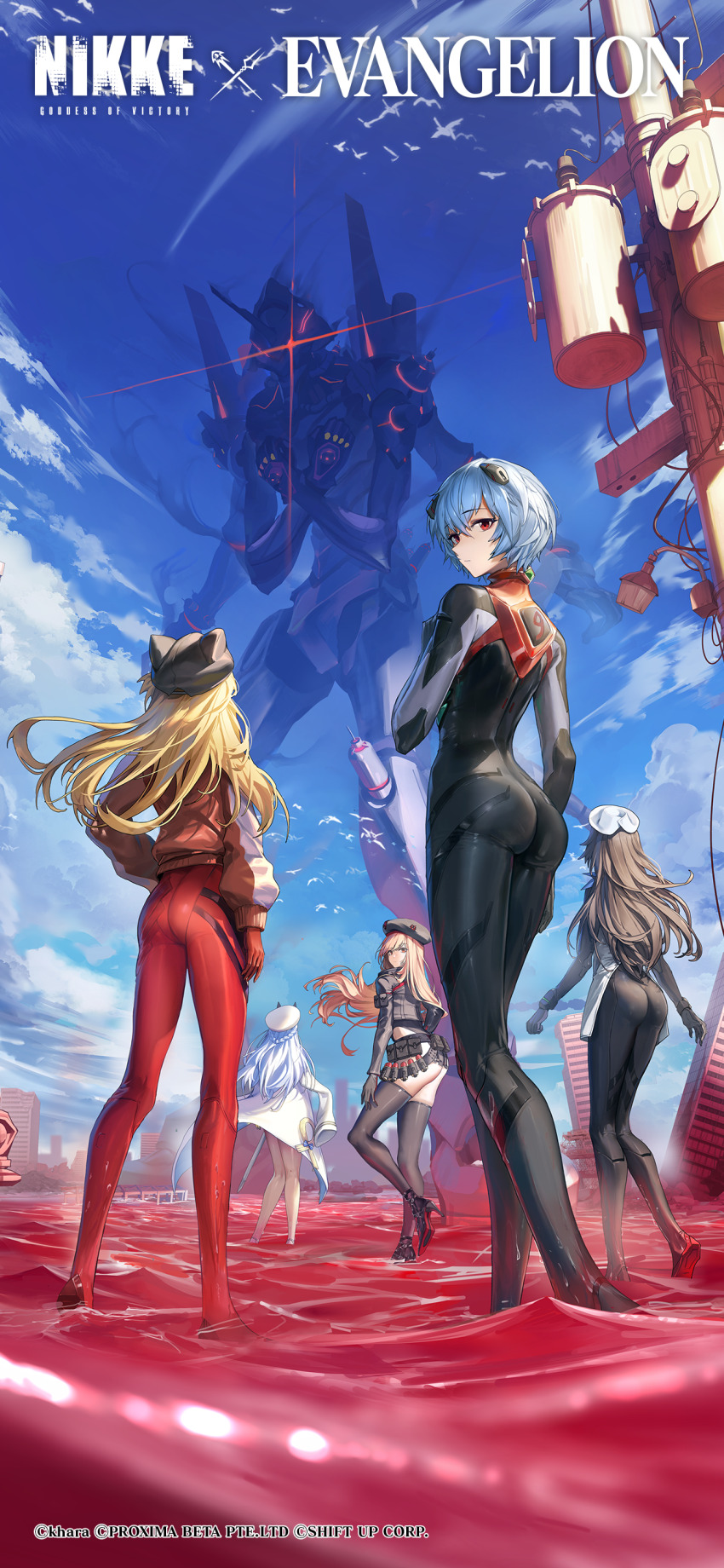 5girls absurdres animal_hat ass ayanami_rei beret bird black_bodysuit black_hat black_shirt black_skirt black_thighhighs blue_eyes blue_hair blue_sky bodysuit bodysuit_under_clothes breasts brown_hair cabbie_hat car cat_hat city cloud cloudy_sky coat commentary crossover day english_commentary evangelion:_3.0_you_can_(not)_redo evangelion_(mecha) eyepatch goddess_of_victory:_nikke bad_tag hat helm_(nikke) helmet high_heels highres interface_headset_(evangelion) jacket large_breasts long_hair long_sleeves looking_at_viewer looking_back mecha_pilot_suit medium_breasts moon motor_vehicle multiple_girls neon_genesis_evangelion ocean orange_hair outdoors partially_submerged pleated_skirt plugsuit_(evangelion) rapi_(nikke) rebuild_of_evangelion red_bodysuit red_eyes red_jacket scarf shirt short_hair skirt sky souryuu_asuka_langley standing suzuhara_sakura thighhighs underbutt underwear wet white_coat white_hat