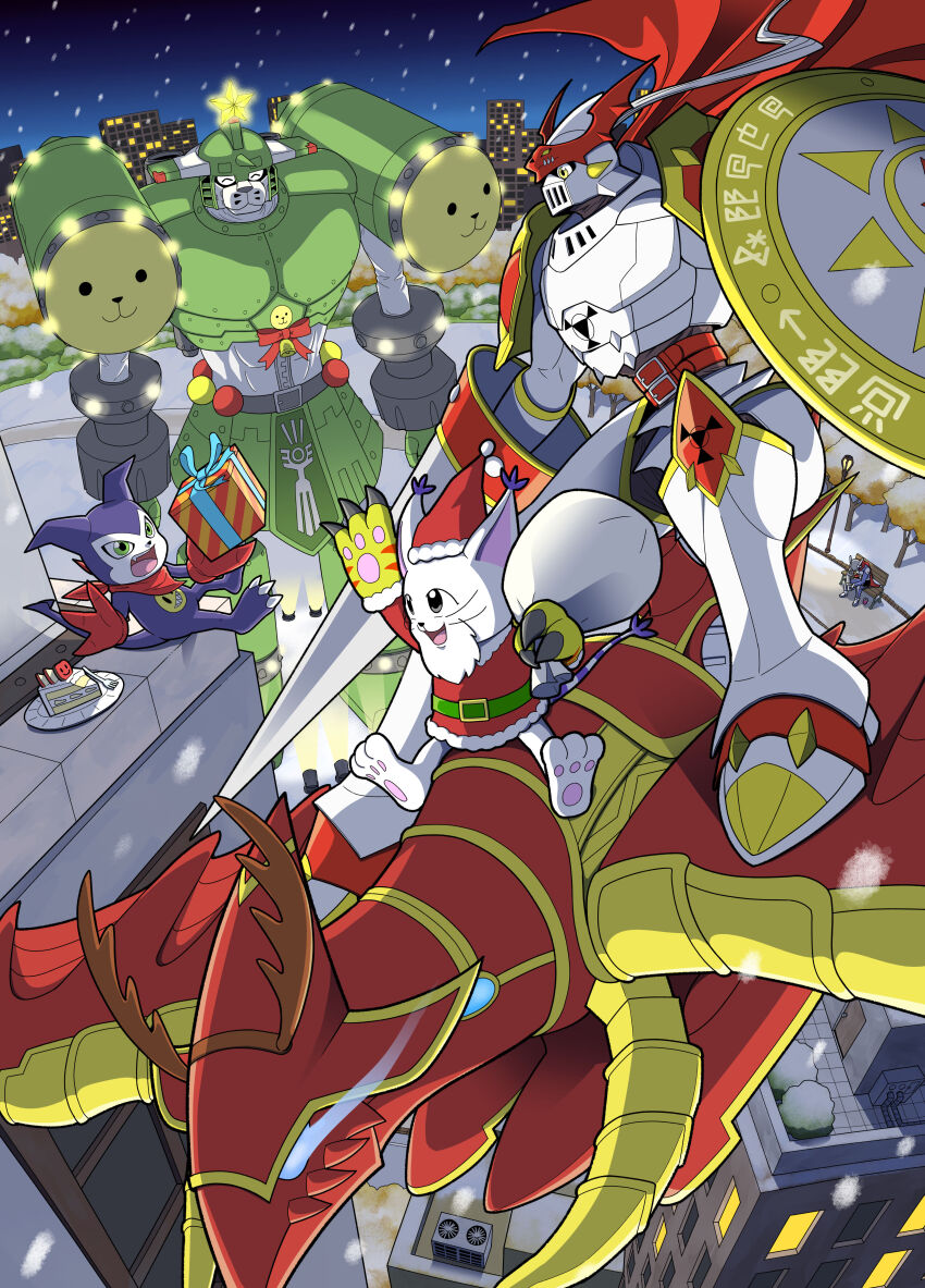 absurdres animal_ears cake cat cat_ears christmas digimon digimon_(creature) digimon_tamers dukemon food gift gloves grani_(digimon) highres holy_ring impmon justimon saintgalgomon santa_costume tail tailmon
