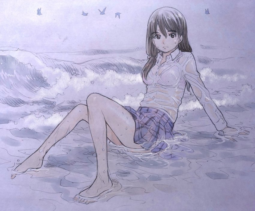 1girl bare_legs barefoot bird blouse closed_mouth expressionless full_body highres kimi_wa_sukinosaurus long_hair looking_at_viewer low_twintails miniskirt muted_color ocean original outdoors sekiguchi_taro shiraishi_momiji shirt sitting skirt traditional_media twintails waves wet wet_clothes wet_shirt white_shirt