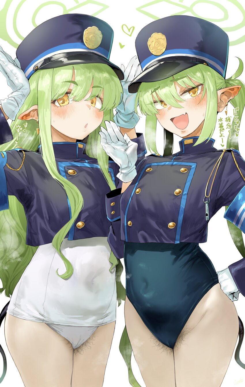 2girls :d absurdres blue_archive blue_hat blue_jacket blue_one-piece_swimsuit blush covered_navel cowboy_shot cropped_jacket dot_nose earrings excessive_pubic_hair fang female_pubic_hair gloves green_hair green_halo hair_between_eyes halo hand_on_own_hip hand_up hands_up hat heart hero_neisan highres hikari_(blue_archive) jacket jewelry legs_together long_bangs long_hair long_sidelocks long_sleeves looking_at_viewer multiple_girls nozomi_(blue_archive) one-piece_swimsuit open_mouth parted_lips pointy_ears pubic_hair pubic_hair_peek rabbit_pose sidelocks skin_fang smile spoken_heart standing straight_hair sweatdrop swimsuit swimsuit_under_clothes tareme translation_request tsurime twintails wavy_hair white_gloves white_one-piece_swimsuit yellow_eyes