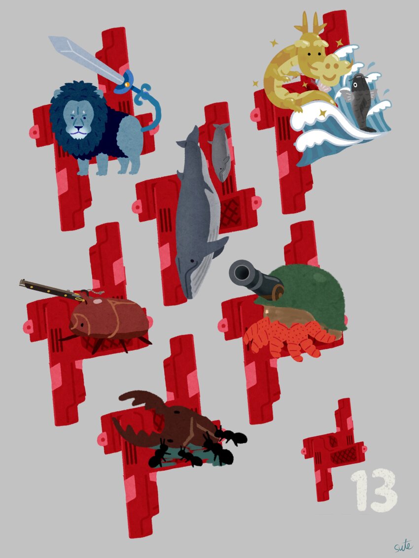 621_(armored_core_vi) absurdres ant antique_firearm armored_core armored_core_vi:_fires_of_rubicon artist_name bug carp crab dragon eastern_dragon emblem firearm firelock g1_michigan g2_nile g3_wu_huahai g4_volta g5_iguazu_(armored_core_vi) g6_red grey_background gun handgun hermit_crab highres insect irasutoya lion matchlock military_vehicle motor_vehicle parody rhinoceros_beetle simple_background stag_beetle style_parody sute_(vx_fictif) sword tank waves weapon whale
