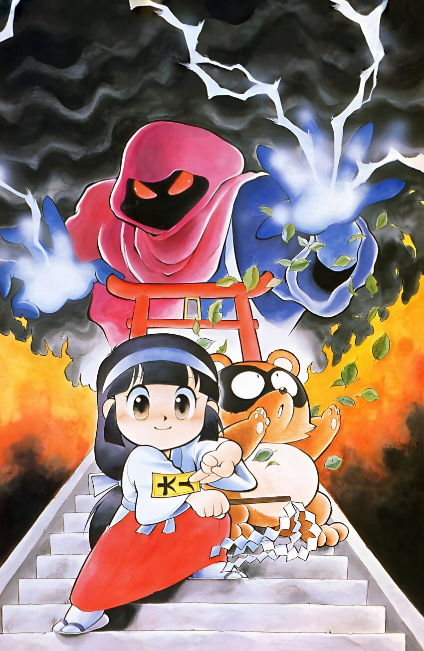 1girl 2boys abstract_background absurdres asari_yoshitoo black_clouds black_eyes black_hair black_mantle blue_sleeves blunt_bangs blunt_sidelocks blush bow brown_eyes brown_fur closed_mouth cloud cloudy_sky cover fire floating floating_object gohei hair_bow hairband hakama hakama_skirt highres holding holding_gohei holding_ofuda hood hood_up japanese_clothes kiki_kaikai kiki_kaikai_(series) kimono leaf lightning long_hair long_skirt long_sleeves looking_at_viewer looking_up low-tied_long_hair low_ponytail manuke_(kiki_kaikai) miko multiple_boys official_art ofuda open_hands outstretched_arms ponytail raccoon red_eyes red_hakama red_hood sandals sayo_(kiki_kaikai) shrine sidelocks simple_background skirt sky small_pupils socks stairs standing tabi tanuki teeth third-party_source torii traditional_media translation_request v-shaped_eyes very_long_hair video_game_cover white_bow white_footwear white_hairband white_kimono white_sleeves white_socks wide_sleeves zouri