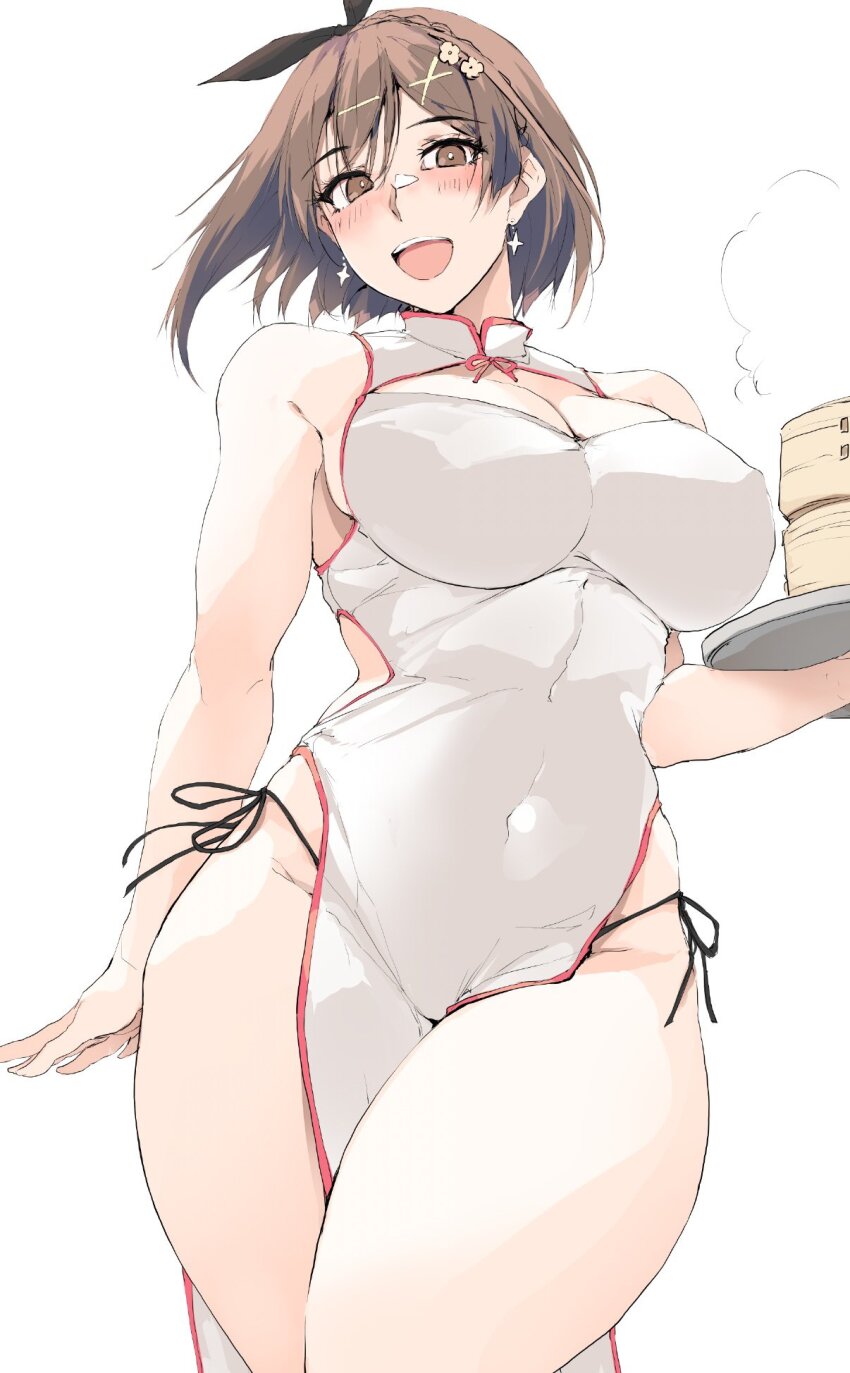 1girl atelier_(series) atelier_ryza atelier_ryza_1 bamboo_steamer bare_shoulders black_ribbon blush breasts brown_eyes brown_hair china_dress chinese_clothes cleavage cleavage_cutout clothing_cutout covered_navel dress hair_ribbon highres large_breasts looking_at_viewer open_mouth pelvic_curtain red_trim reisalin_stout ribbon short_hair side_slit smile solo thick_thighs thighs tray white_dress zekkyon