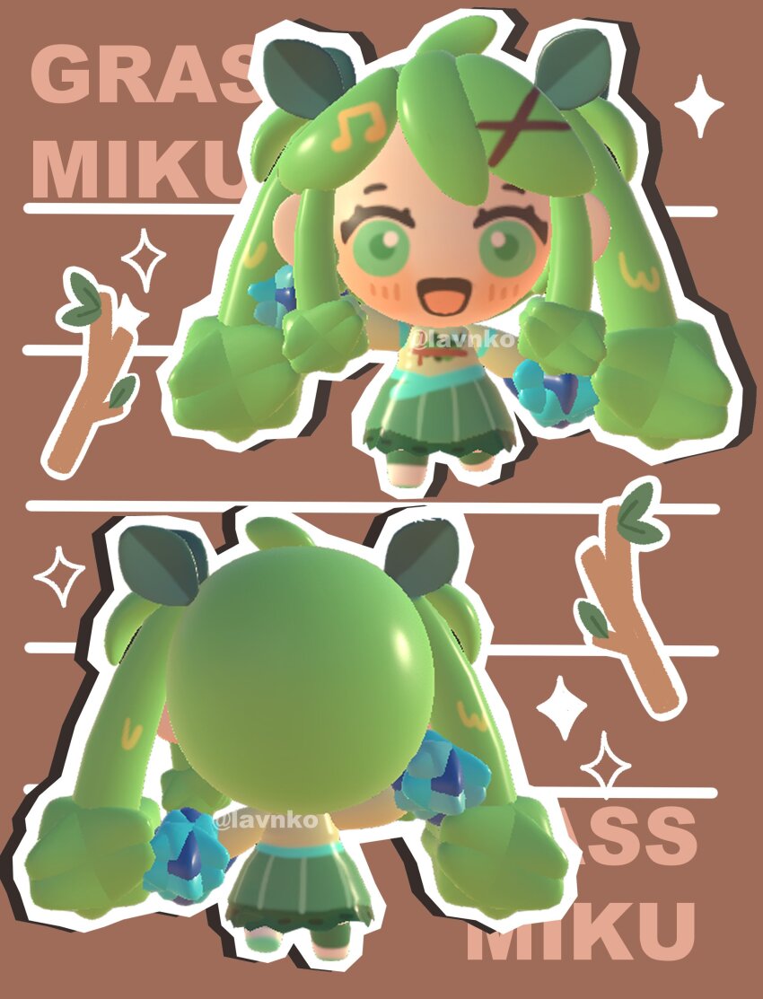 1girl 3d absurdres blush chibi chibi_only grass_miku_(project_voltage) green_eyes green_hair hair_ornament hatsune_miku highres lavy_(lavnko) leaf_hair_ornament long_hair nintendo open_mouth outline pokemon project_voltage twig twintails very_long_hair vocaloid white_outline