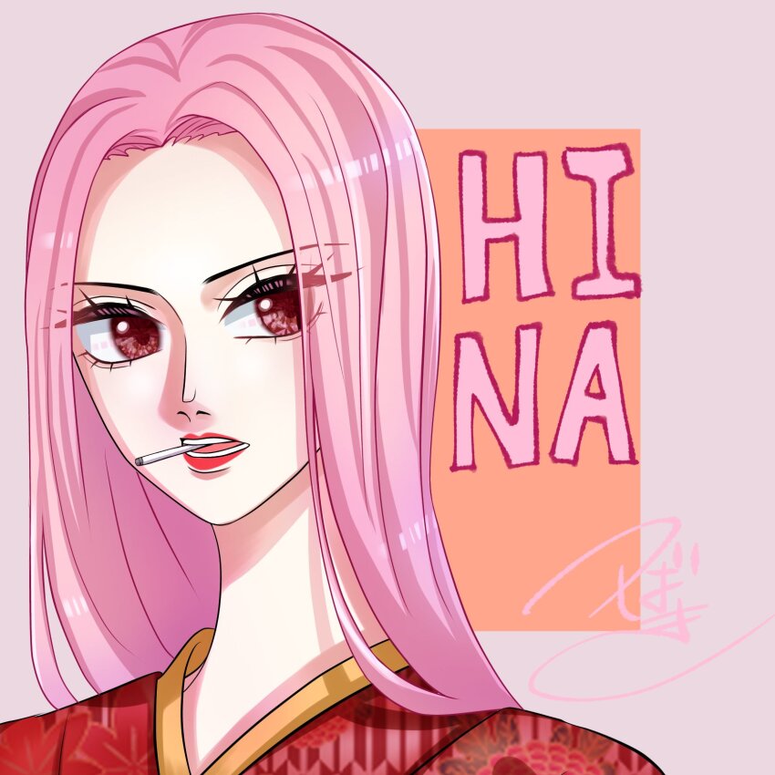 1girl character_name cigarette close-up commentary_request eyelashes highres hina_(one_piece) japanese_clothes kimono long_hair looking_to_the_side one_piece open_mouth pink_hair purple_background red_kimono red_lips solo straight_hair tubaki_iz0