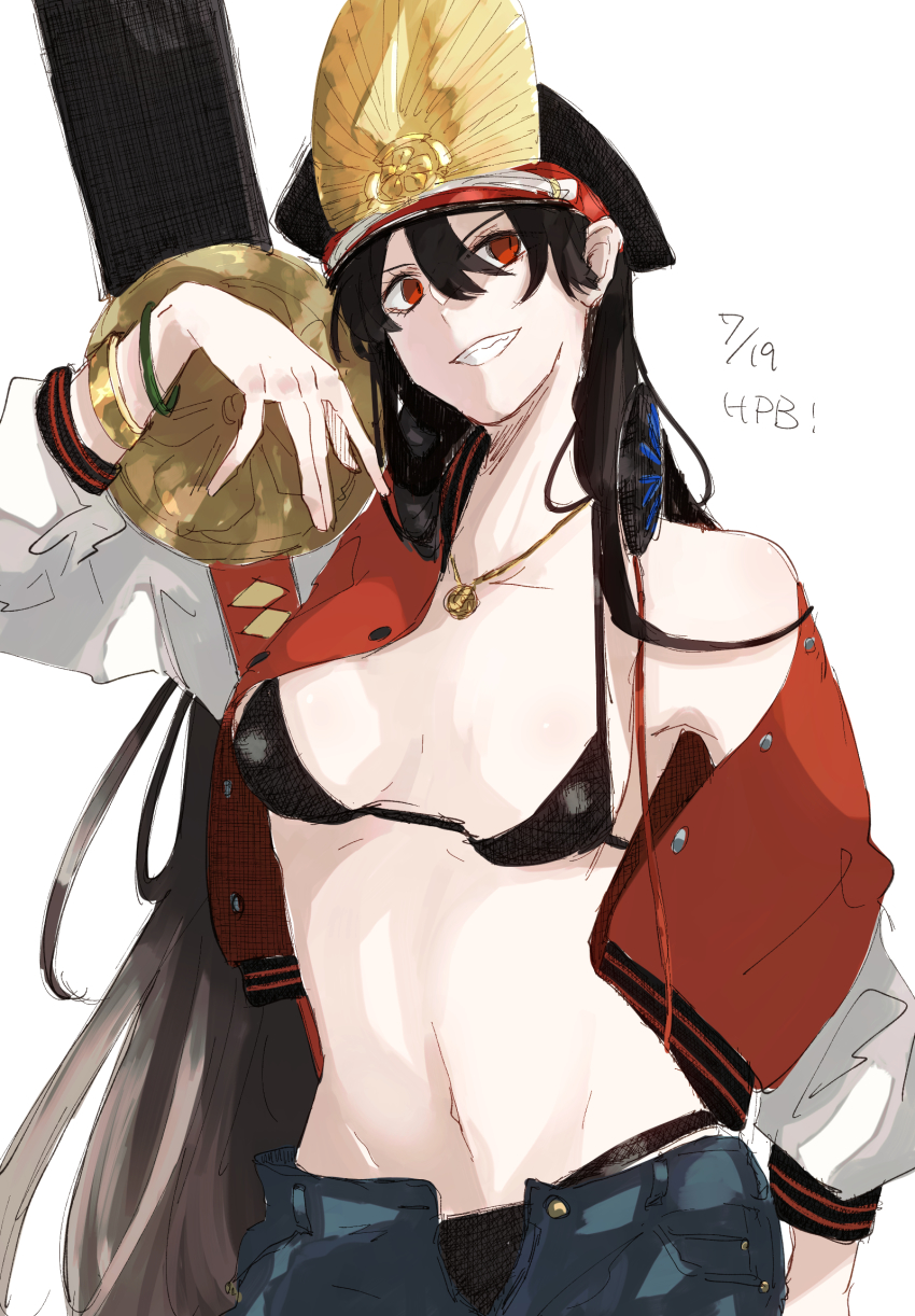 1girl bikini black_bikini black_hair black_hat bracelet breasts breasts_apart collar collarbone crest family_crest fate/grand_order fate_(series) guitar hanamuraugk hat headphones headphones_around_neck highres instrument jacket jewelry letterman_jacket long_hair long_sleeves medium_breasts navel oda_nobunaga_(fate) oda_nobunaga_(swimsuit_berserker)_(fate) oda_nobunaga_(swimsuit_berserker)_(first_ascension)_(fate) oda_uri off_shoulder open_clothes open_jacket open_shorts oversized_object peaked_cap red_eyes shorts simple_background small_breasts solo swimsuit thighs white_background