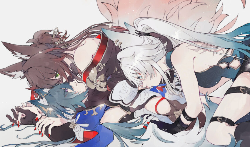 alternate_costume animal_ears breasts feixiao_(honkai:_star_rail) fud fugue_(honkai:_star_rail) green_hair highres honkai:_star_rail honkai_(series) licking long_hair lying_on_person medium_breasts multiple_girls shorts simple_background sportswear sweat thighs tingyun_(honkai:_star_rail) very_long_hair white_background white_hair yukong_(honkai:_star_rail) yuri