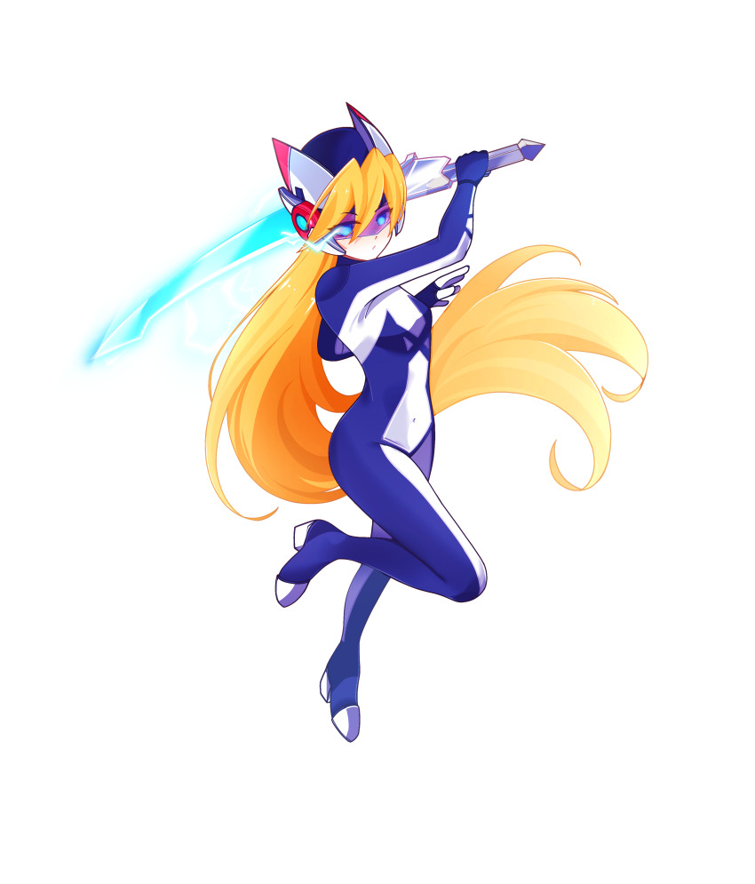1girl absurdres aizeis alternate_costume alternate_hairstyle attack blonde_hair bodystocking boots breasts ciel_(mega_man) commission commissioner_upload covered_navel elbow_gloves energy_sword fighting_stance gloves glowing glowing_eyes hair_down helmet high_heels highres jumping long_bangs long_hair looking_at_viewer mechanical_ears mega_man_(series) mega_man_zero_(series) mega_man_zx model_z_(mega_man) no_armor non-web_source petite shorts slashing small_breasts spinning sword thighs weapon