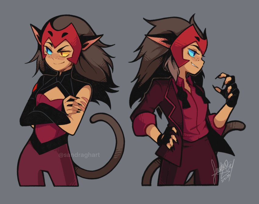 1girl animal_ears asymmetrical_clothes blue_eyes blue_sclera brown_hair cat_ears cat_girl cat_tail catra colored_sclera commentary dark-skinned_female dark_skin english_commentary fingernails freckles heterochromia jacket long_hair looking_to_the_side multiple_views official_alternate_costume pants pointy_ears red_jacket red_pants sandragh sharp_fingernails she-ra_and_the_princesses_of_power signature simple_background smile tail upper_body watermark