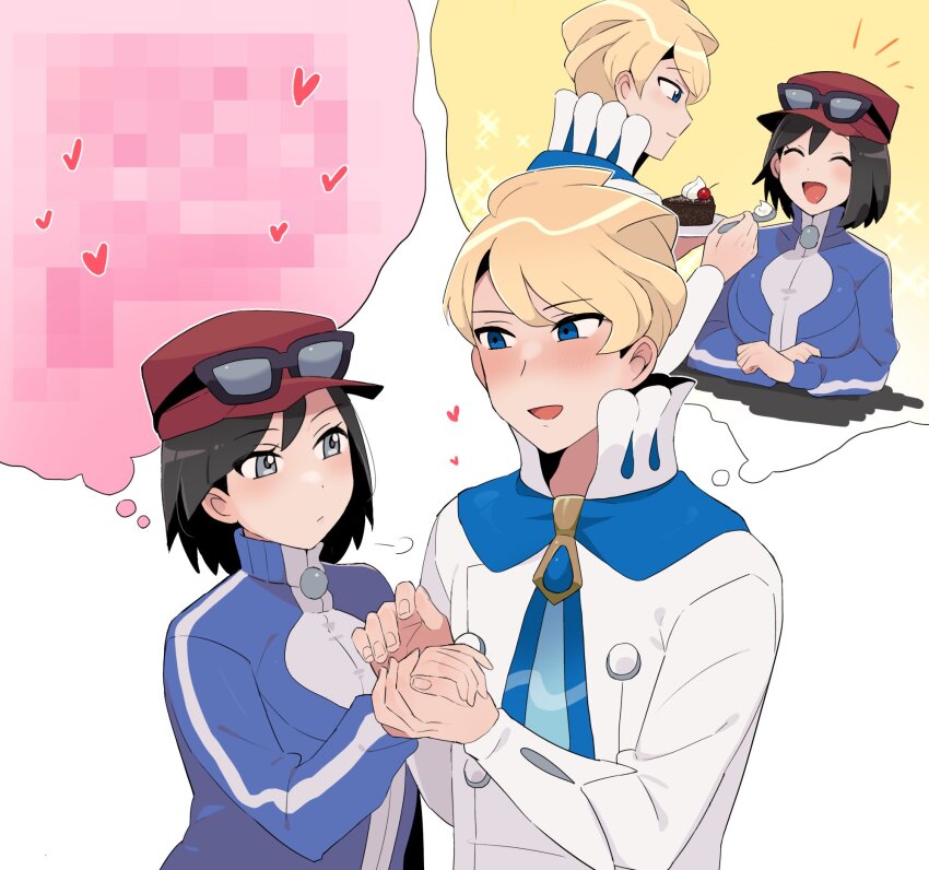 2boys ascot black-framed_eyewear blonde_hair blue_ascot blue_eyes blue_jacket blush calem_(pokemon) commentary_request hands_up hat heart high_collar highres holding_hands jacket long_sleeves male_focus multiple_boys multiple_views nintendo open_mouth pokemon pokemon_xy red_hat sana_(37pisana) shirt short_hair siebold_(pokemon) smile speech_bubble sunglasses thought_bubble turtleneck turtleneck_jacket white_background white_shirt yaoi