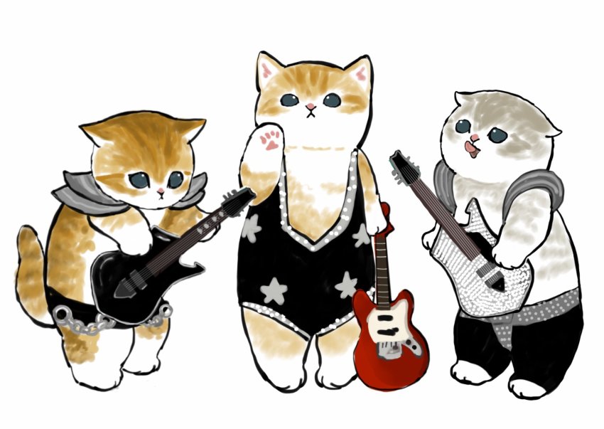 :&lt; animal armor black_leotard brown_fur cat electric_guitar grey_fur guitar heavy_metal highres instrument kitten leotard mofu_sand music orange_fur original paw_up playing_instrument
