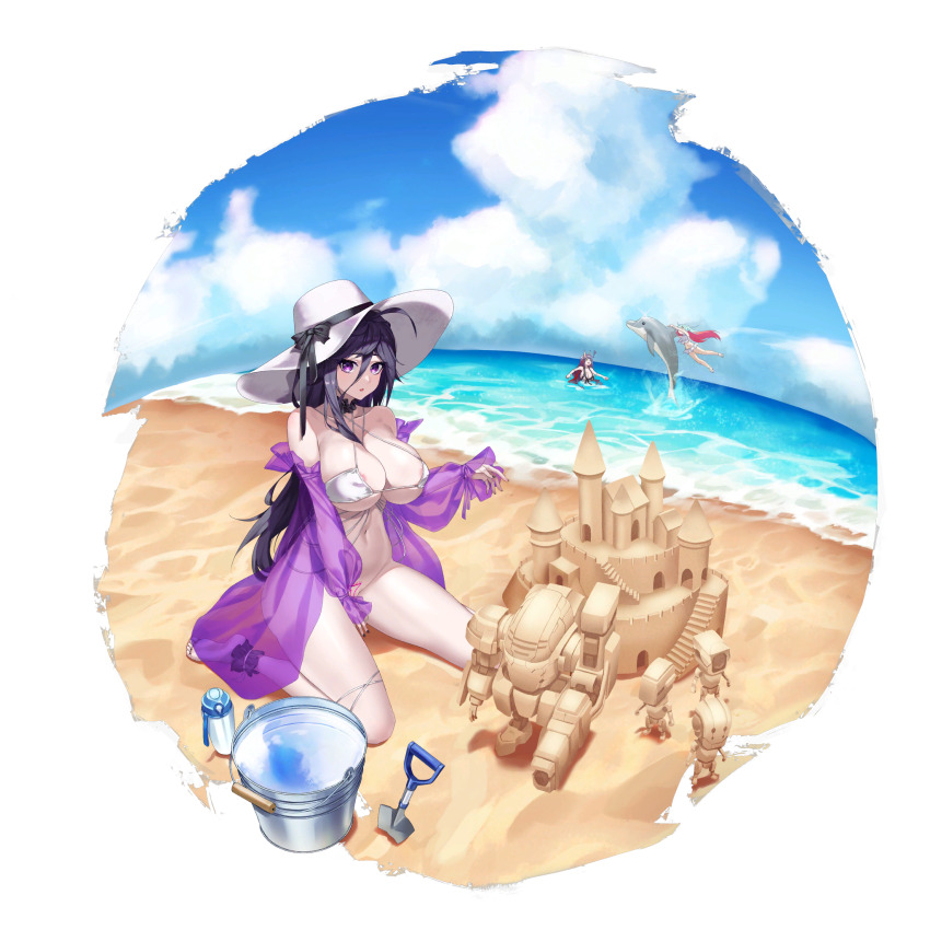 ! 3girls ahoge ankleband areola_slip bare_shoulders barefoot beach between_breasts bikini bikini_top_only black_bikini black_choker black_nails black_ribbon blue_footwear blue_hair breasts bucket bucket_of_water building_sand_sculpture choker cleavage cloud cloudy_sky collarbone covering_crotch covering_privates criss-cross_halter d-log dolphin echidna_(last_origin) flip-flops frilled_bikini frilled_choker frilled_shawl frills full_body green_eyes hair_between_eyes halterneck hat hat_ribbon hela_(last_origin) highres horns jumping large_breasts last_origin light_blue_hair linea_alba long_hair looking_at_viewer messy_hair multicolored_hair multiple_girls nail_polish navel neodym ocean official_alternate_costume official_art open_mouth outdoors planted planted_shovel pubic_tattoo purple_eyes purple_hair purple_shawl red_hair reflection reflective_water ribbon robot sand_castle sand_sculpture sandals see-through_clothes see-through_shawl shawl shovel sitting skindentation sky streaked_hair string_bikini sun_hat swimsuit tachi-e tattoo thermos thigh_strap third-party_source transparent_background two-tone_hair wariza white_bikini white_headwear yellow_eyes yellow_horns