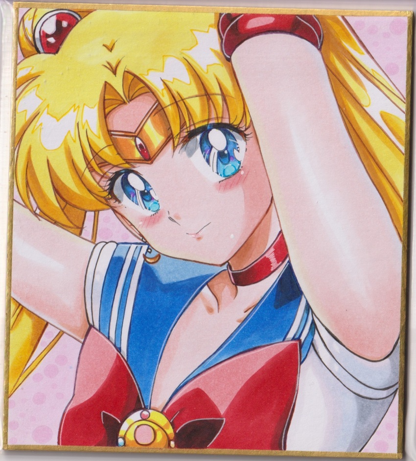 1girl bishoujo_senshi_sailor_moon blonde_hair blue_eyes blue_sailor_collar blue_skirt bow breasts choker collarbone commentary double_bun earrings elbow_gloves gloves hair_bun hair_ornament highres jewelry long_hair looking_at_viewer magical_girl open_mouth red_bow red_choker sailor_collar sailor_moon sailor_senshi_uniform skirt smile solo traditional_media tsukino_usagi twintails user_kztc4472 white_gloves