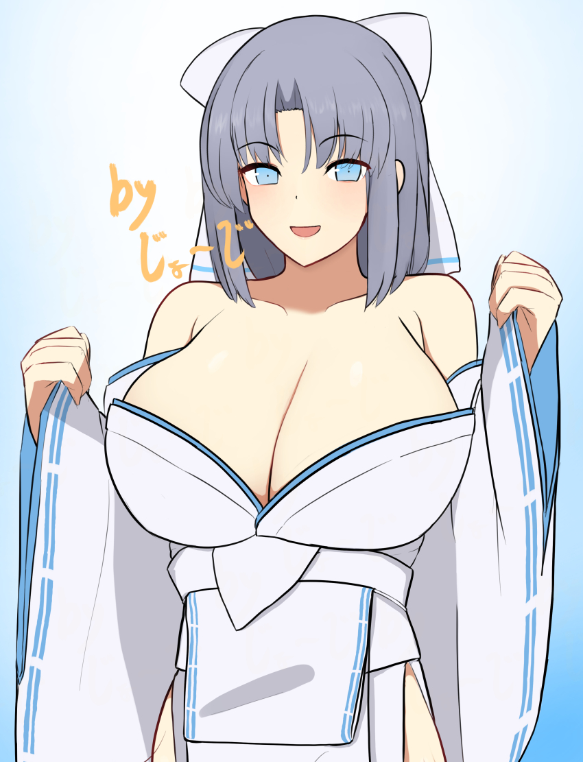 1girl absurdres arms_up artist_request bare_shoulders blue_eyes bow breasts cleavage collarbone george_(pixiv7099078) grey_hair hair_bow highres huge_breasts japanese_clothes kimono long_sleeves looking_at_viewer open_mouth senran_kagura short_hair simple_background smile solo white_bow white_kimono yumi_(senran_kagura)