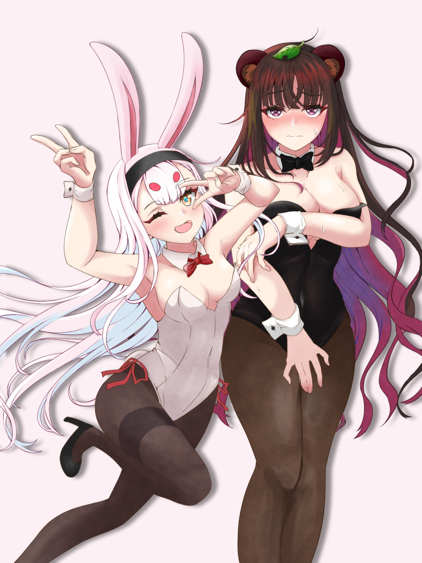 2girls ;d alternate_costume animal_ears armpits arms_up azur_lane bare_shoulders black_bow black_bowtie black_hairband black_leotard black_pantyhose blush bow bowtie breasts brown_eyes brown_hair cleavage closed_mouth collarbone commentary_request covered_navel detached_collar double_v drop_shadow hairband high_heels highleg highleg_leotard highres hikimayu koucha_(ginnta-tosio) large_breasts leaf leaf_on_head leotard long_hair looking_at_viewer medium_breasts multiple_girls nose_blush one_eye_closed open_mouth pantyhose playboy_bunny purple_eyes rabbit_ears rabbit_girl rabbit_tail raccoon_ears red_bow red_bowtie shadow shimakaze_(azur_lane) side-tie_leotard sidelocks small_breasts smile standing standing_on_one_leg strapless strapless_leotard suruga_(azur_lane) sweat tail thighband_pantyhose traditional_bowtie v v_over_eye very_long_hair white_hair white_leotard wrist_cuffs