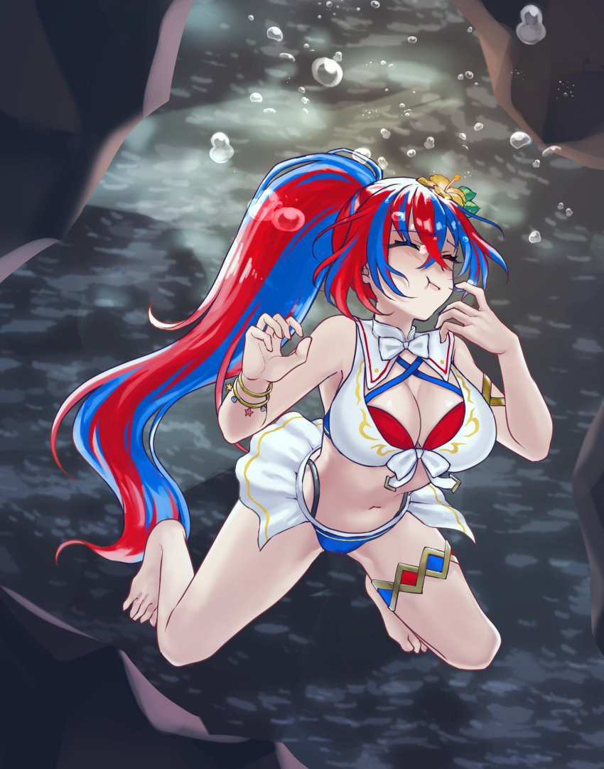 1girl absurdres air_bubble female_alear_(fire_emblem) asphyxiation bikini blue_bikini blue_hair breasts bubble cleavage closed_eyes criss-cross_halter crossed_bangs diving drowning female_alear_(fire_emblem) female_alear_(seaside_dragon)_(fire_emblem) fire_emblem fire_emblem_engage fire_emblem_heroes freediving gold_armlet gold_thighlet halterneck hazuki_(nyorosuke) highres holding_breath large_breasts large_variant_set long_hair multicolored_bikini multicolored_hair multicolored_swimsuit nintendo official_alternate_costume official_alternate_hairstyle peril ponytail red_bikini red_hair showgirl_skirt solo split-color_hair struggling submerged swimming swimsuit two-tone_hair underwater variant_set very_long_hair white_bikini