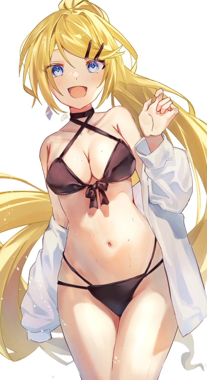 1girl aged_up alternate_hair_length alternate_hairstyle bikini black_bikini blue_eyes breasts cleavage commentary_request earrings hair_between_eyes hair_ornament hairpin hand_up happy high_ponytail highres inubangarou jewelry kagamine_rin long_hair long_sleeves looking_at_viewer medium_breasts midriff multiple_hairpins navel off_shoulder open_mouth ponytail signature sketch sleeves_past_fingers sleeves_past_wrists solo stomach stomach_day sweat swept_bangs swimsuit very_long_hair vocaloid white_background