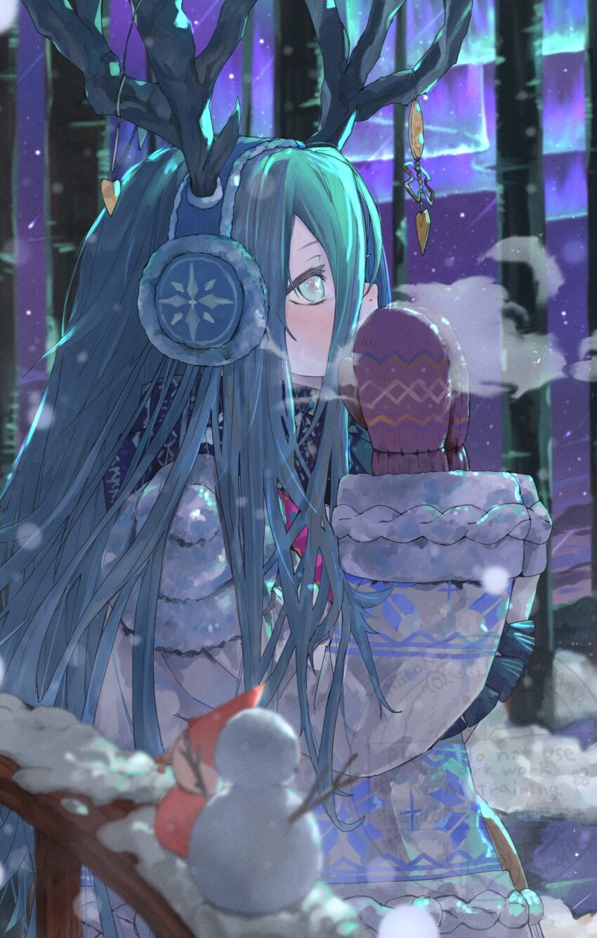 1girl antler_ornament antlers antlers_through_headwear aurora blue_hair blue_scarf cold fate/grand_order fate_(series) hair_between_eyes highres horns long_hair long_sleeves louhi_(fate) louhi_(second_ascension)_(fate) mittens neko_no_kedama outdoors purple_mittens scarf snow solo sweater white_eyes white_sweater