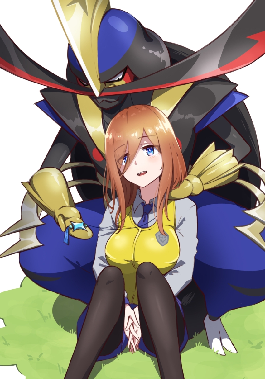 1girl armor behind_another black_leggings blue_eyes blue_necktie blue_shorts breasts brown_hair crossover giving go-toubun_no_hanayome grass grey_shirt hair_between_eyes helmet highres hyoe_(hachiechi) japanese_armor kabuto_(helmet) kingambit large_breasts leggings long_bangs long_hair looking_at_another looking_down looking_up nakano_miku necktie nintendo open_mouth pokemon pokemon_(creature) pokemon_sv school_uniform shirt shorts sitting uva_academy_school_uniform vest yellow_vest