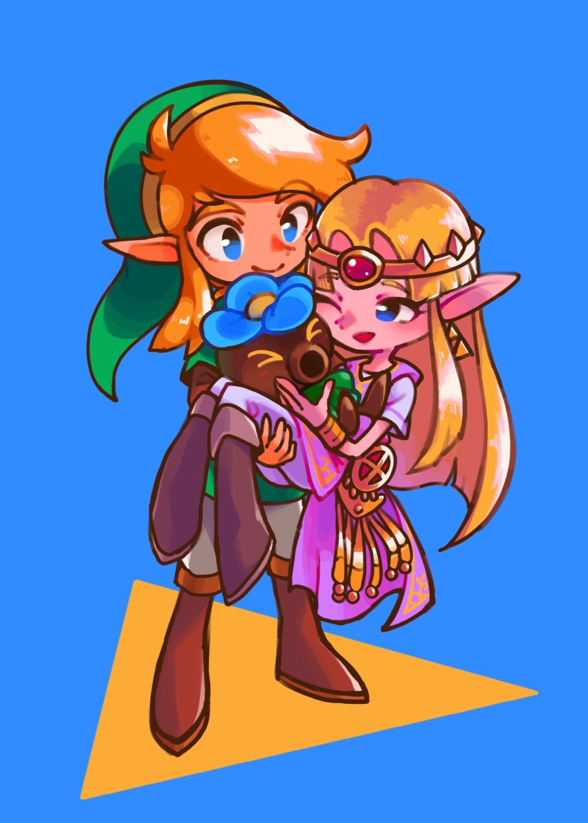 1boy 1girl blonde_hair blue_eyes brown_footwear cadence_of_hyrule carrying deku_scrub earrings green_hat green_tunic hachimaru_(ediciusa) hat highres jewelry link long_hair open_mouth pants pointy_ears princess_carry princess_zelda short_sleeves sidelocks smile triforce tunic white_pants